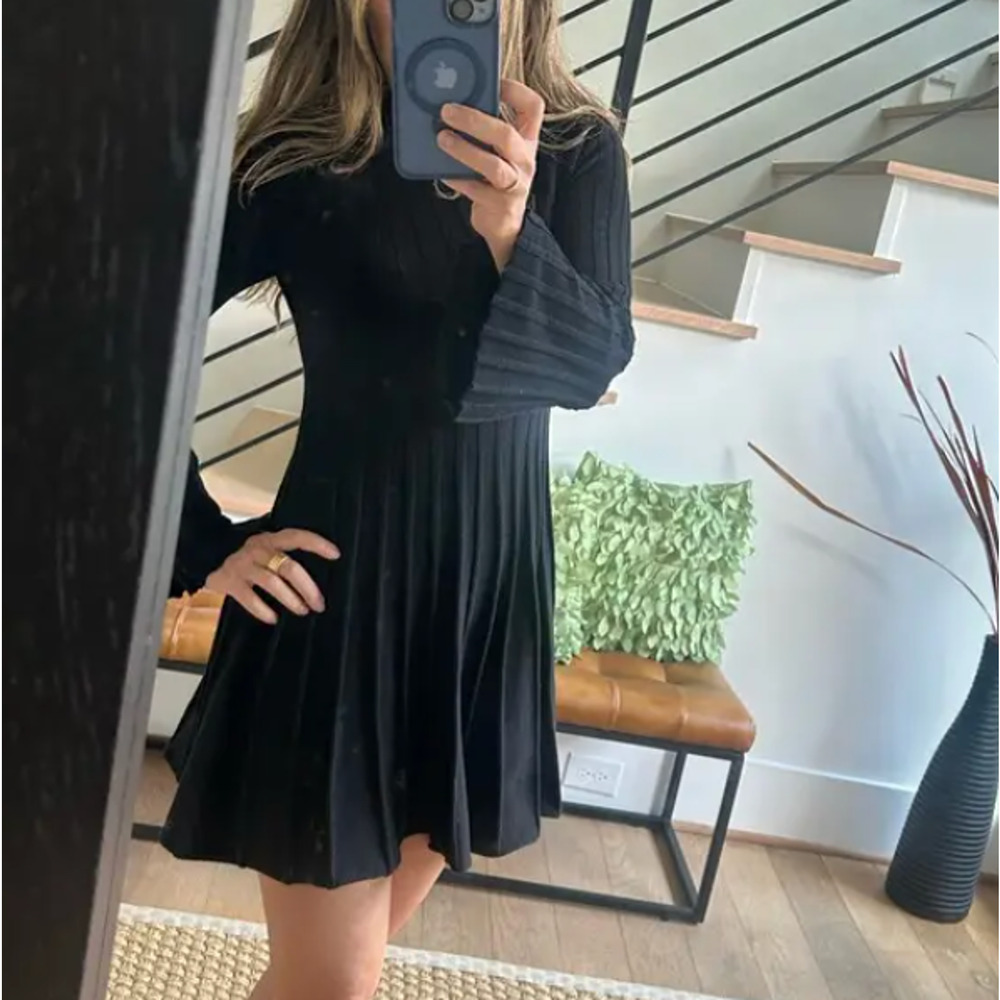 Maje Black Ribbed Knit Mini Dress SMALL Career Fit Flare Long Bell Sleeve $300 - Picture 10 of 11